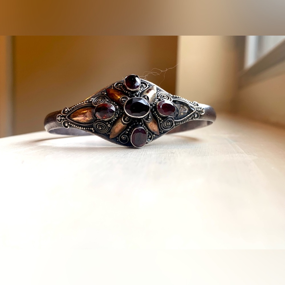 Vintage Garnets & Gold Metal Bracelet 925 Sterling Silver 1960's Cuff Bracelet